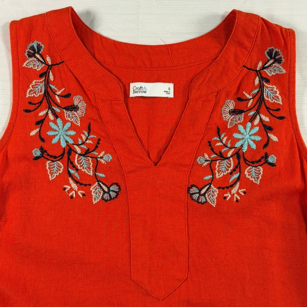 Boho Colorful Embroidered Linen Blend Shift Dress Sm Orange Coastal Summer